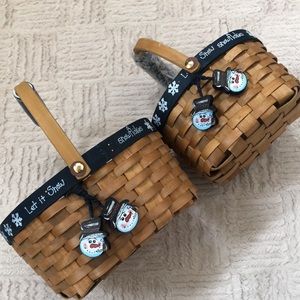 Set of 2 handled nested baskets, snowman charms and ceramic handles - New